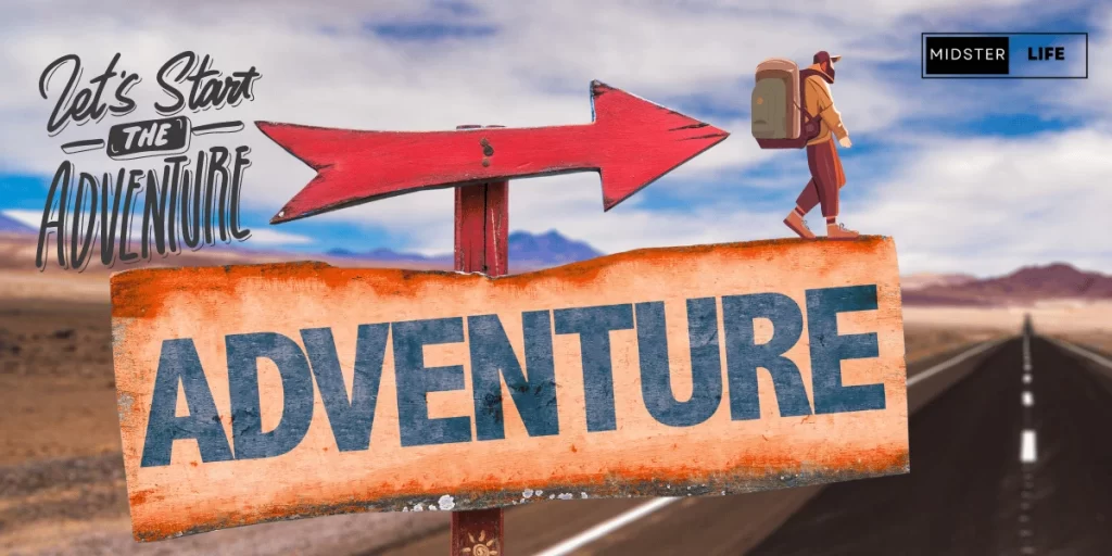 Road sign with an arrow and the word "Adventure" written across it. Accompanying text says: "Let's start the adventure". An illustrated man with a backpack on is walking along the sign toward adeventure.