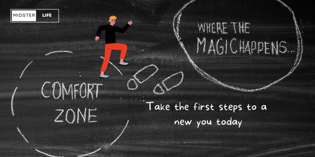 Chalkboard with two circles drawn on it. The first circle has the words "Comfort zone" written inside, and the second circle has the words "Where the magic happens.” Between the two circles are two chalk feet depicting someone moving out of the comfort zone circle to the where the magic happens circle. Accompanied by the text: "Take the first steps to a new you today."