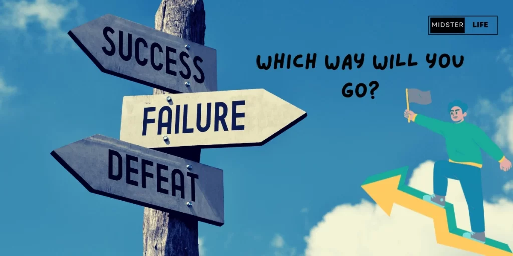 Sign posts showing "Success,” "Failure," and "Defeat" in different directions. Accompanying text says: "Which way will you go?"