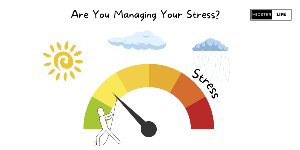 A man pulls a dial away from the red stress zone toward the green zone. With the heading “Are you managing your stress?”.