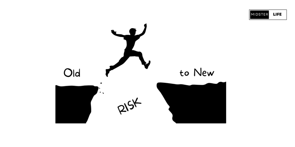 Man jumping from one cliff edge to another from the old to the new, showing the risk being the gap in between. You need to take risks to get to the new.
