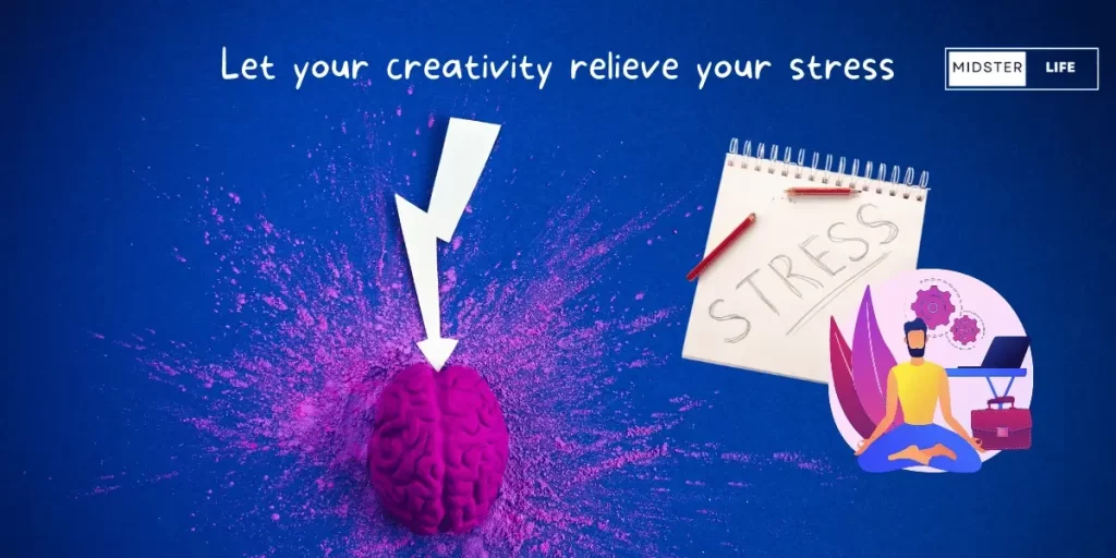 A stress arrow striking down on a brightly colored brain. Splashes of color have burst out from the brain across the canvas. Accompanying text is: "Let creativity relieve from stress". Additional elements in image include a notepad with "stress" written on it and snapped pencil alongside an illustration of a man feeling calm and meditative.