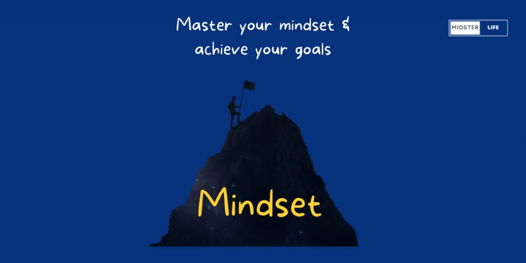 Silhouette of man reaching the top of a mountain carrying a flag. The text across the mountain says "Mindset", heading says: "Master your mindset & achieve your goals."