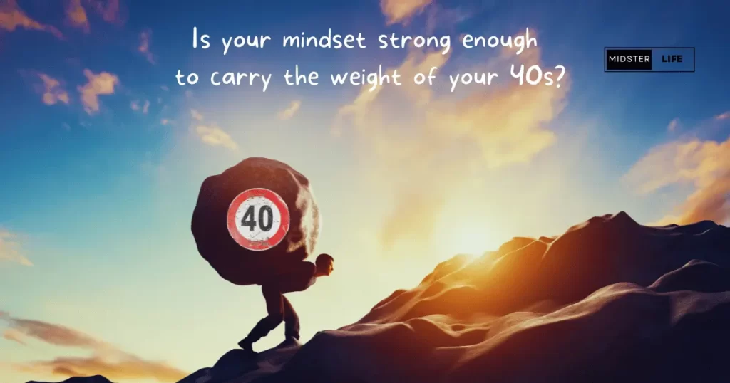 Man carrying a rock up a hill on his back. The rock has the number 40 on it to signify the weight of challenges faced by men in their 40s. Accompanying text reads: "Is your mindset strong enough to carry the weight of your 40s?"