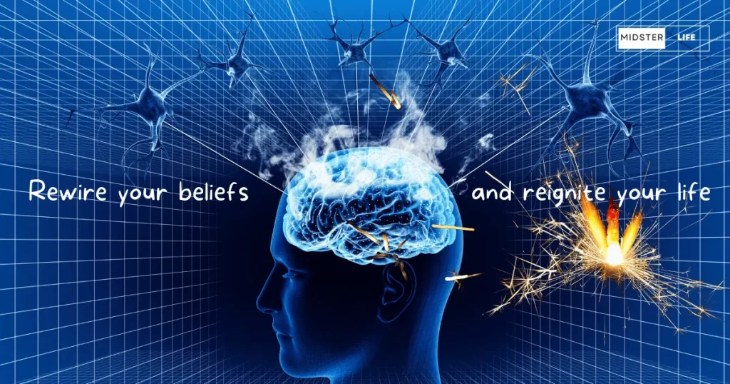 Image of a brain with neurons firing out and sparks igniting with the accompanying text: "Rewire your beliefs and reignite your life".