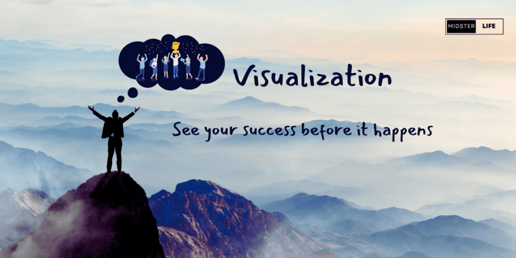 A man standing on top of a mountain arms outstretched with a thought bubble where he is visualizing his success. Text: "Visualization. See your success before it happens".