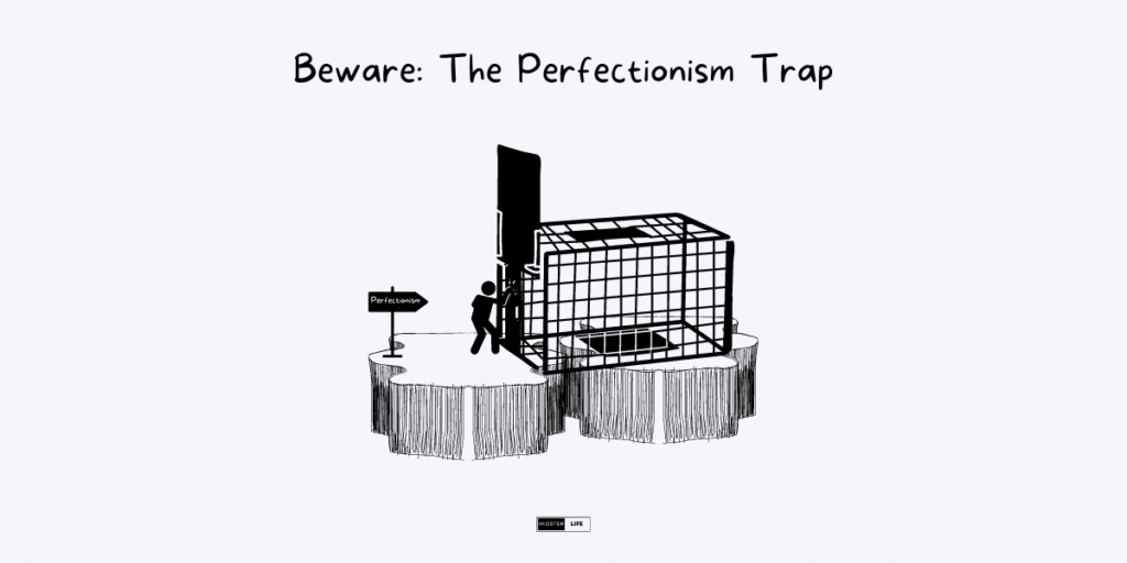 A man knocking on a door. A signpost points through the door and says "Perfectionism". On the other side of the door is a cage to trap the man. The heading reads: "Beware: The Perfectionism Trap."