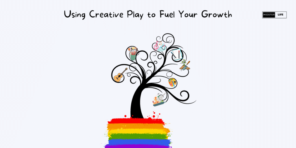 A treee growing out of rainbow colored earth with creative elements hanging off the tree like fruit. Title reads: "Using Creative Play to Fuel Your Growth"