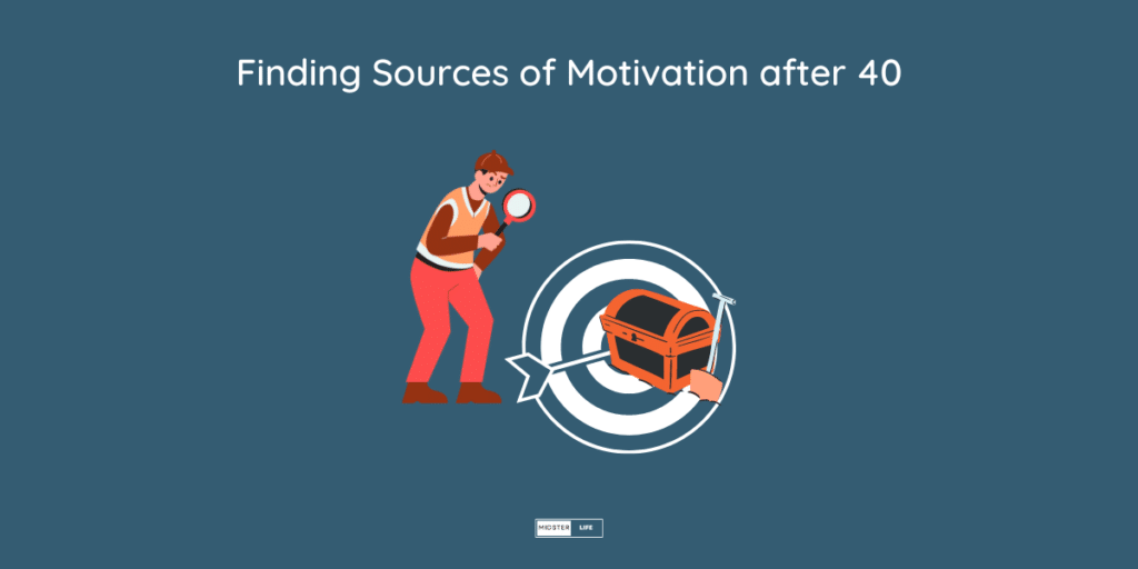 Finding Sources of Motivation after 40: An illustrated man holding a magnifying glass looking at a treasure chest which sits upon a target.
