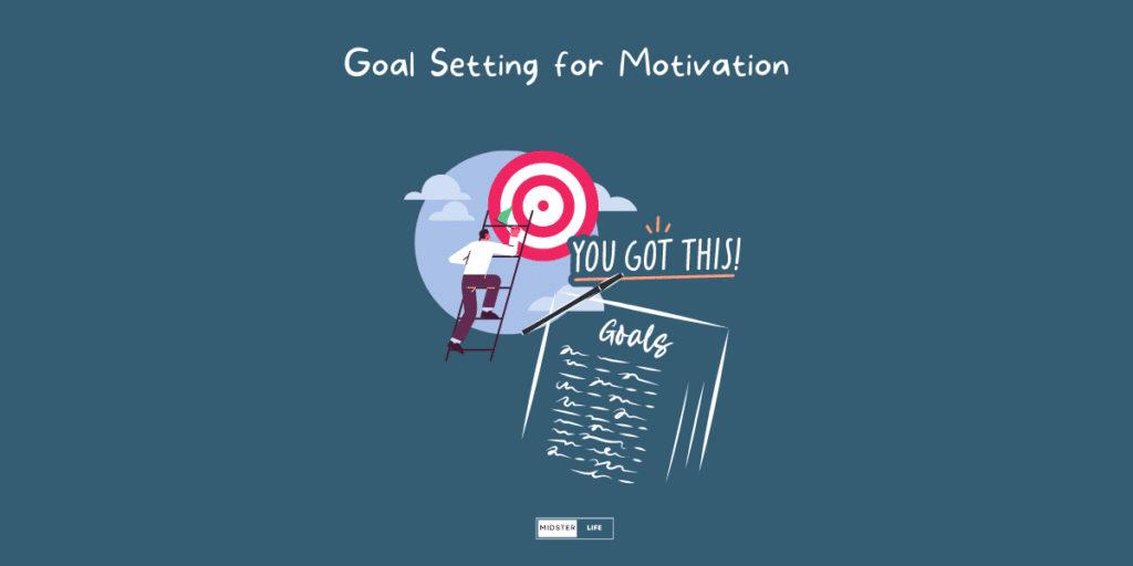 Goal Setting for Motivation: Illustration of a man climbing a ladder holding a flag, aiming for a target in the sky. This is overlayed with a goals list and a phrase "You got this".