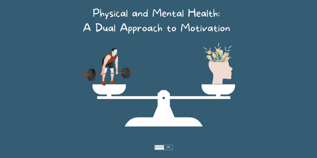 Physical and Mental Health:  A Dual Approach to Motivation after 40: An illustration of balanced scales, with a man weight lifting on one side and silhouette of a head with flowers rising out of it on the other.