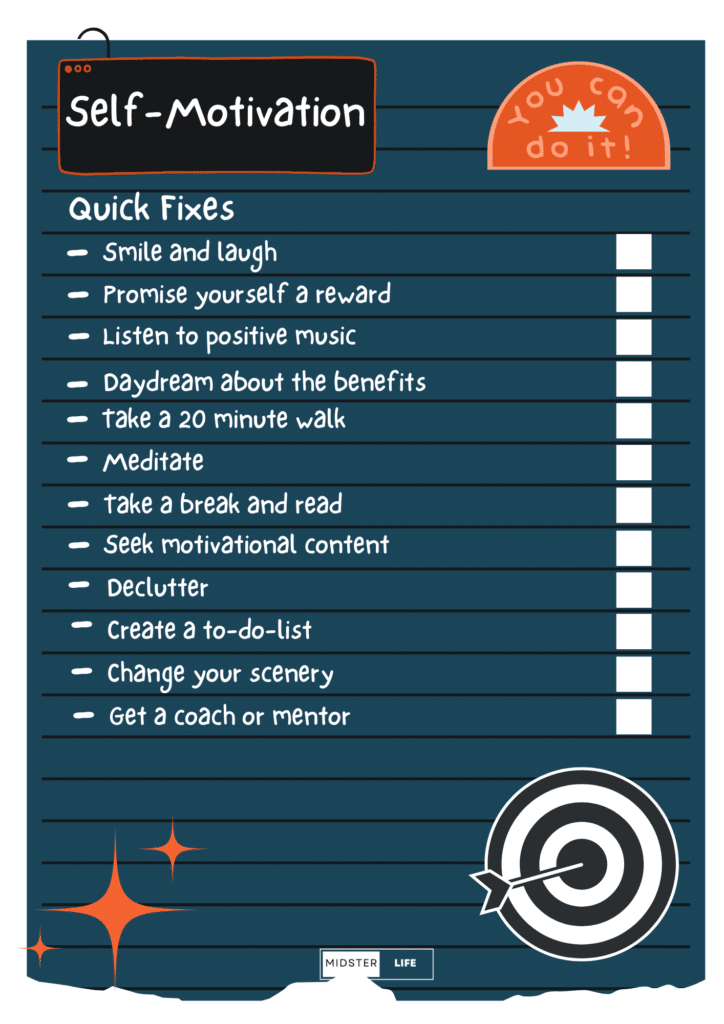 Finding Motivation after 40: Quick Fixes. Infographic detailing the 12 quick fixes discussed in the post.