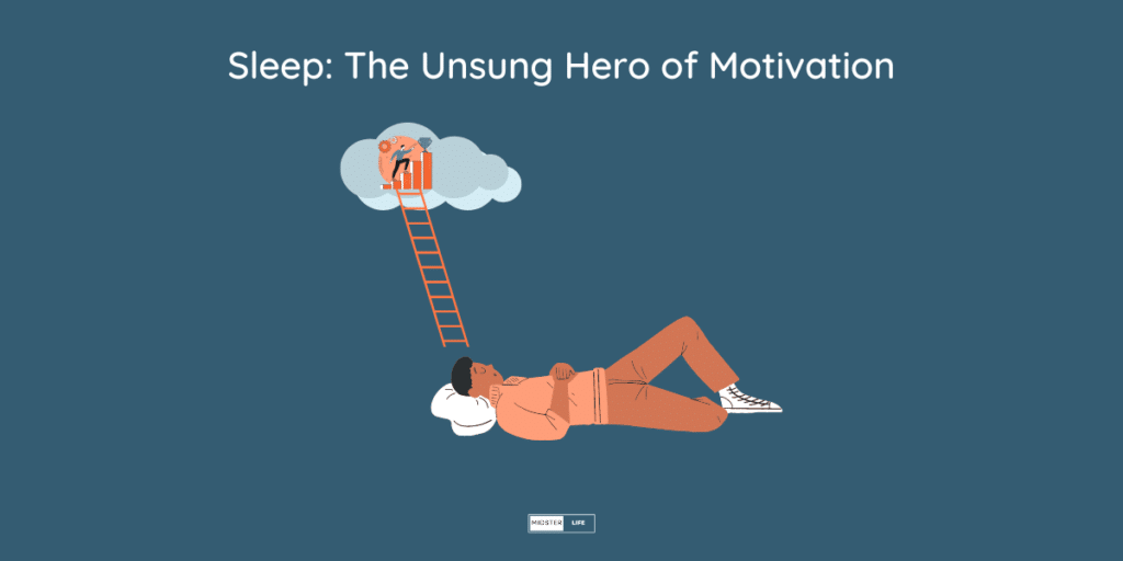 Sleep: The unsung Hero of Motivation after 40. A man sleeping. He's dreaming and there is a ladder which goes up to a cloud with an image of him achieving his goals.