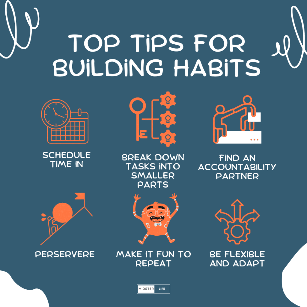 Top Tips for Building Habits: Infographic listing the 6 tips for building habits discussed in the post.