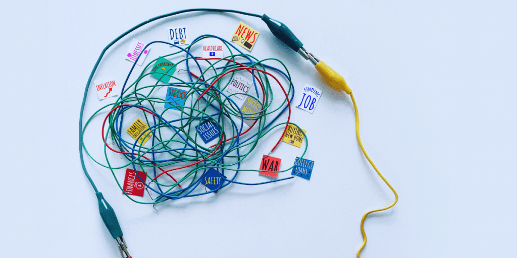 Conquer limiting beliefs after 40: Image of tangled wires in the shape of a brain with various labels indicating factors that can affect mental health.