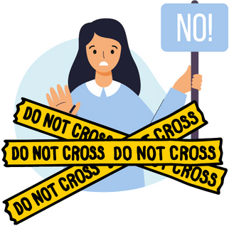 Work-life balance after 40: Illustrated woman holds up a sign saying 'No' with boundary tape that says 'Do not cross'. Signifying the importance of setting boundaries to maintain work-life balance.