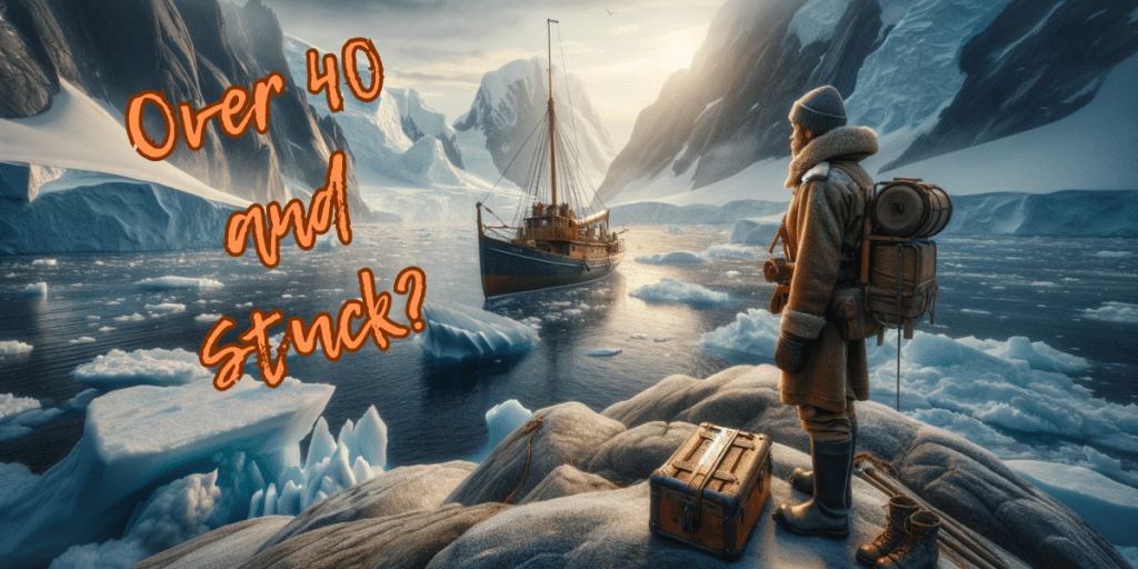 An exploratory scene with text "Over 40 and Stuck?" displayed prominently across the image. A person dressed in vintage polar exploration attire stands on a snowy outcrop, gazing out at a majestic icy landscape. They overlook a serene scene with icebergs floating in the water and a classic wooden ship docked nearby. The individual appears contemplative, possibly reflecting on their journey or contemplating the path ahead, symbolizing the search for direction in life's second half. Near the explorer's feet, a worn suitcase rests on the ground, hinting at a journey taken and the experiences gathered along the way. The surrounding environment is both beautiful and harsh, embodying the challenges and adventures that come with significant life transitions.
