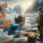 An exploratory scene with text "Over 40 and Stuck?" displayed prominently across the image. A person dressed in vintage polar exploration attire stands on a snowy outcrop, gazing out at a majestic icy landscape. They overlook a serene scene with icebergs floating in the water and a classic wooden ship docked nearby. The individual appears contemplative, possibly reflecting on their journey or contemplating the path ahead, symbolizing the search for direction in life's second half. Near the explorer's feet, a worn suitcase rests on the ground, hinting at a journey taken and the experiences gathered along the way. The surrounding environment is both beautiful and harsh, embodying the challenges and adventures that come with significant life transitions.